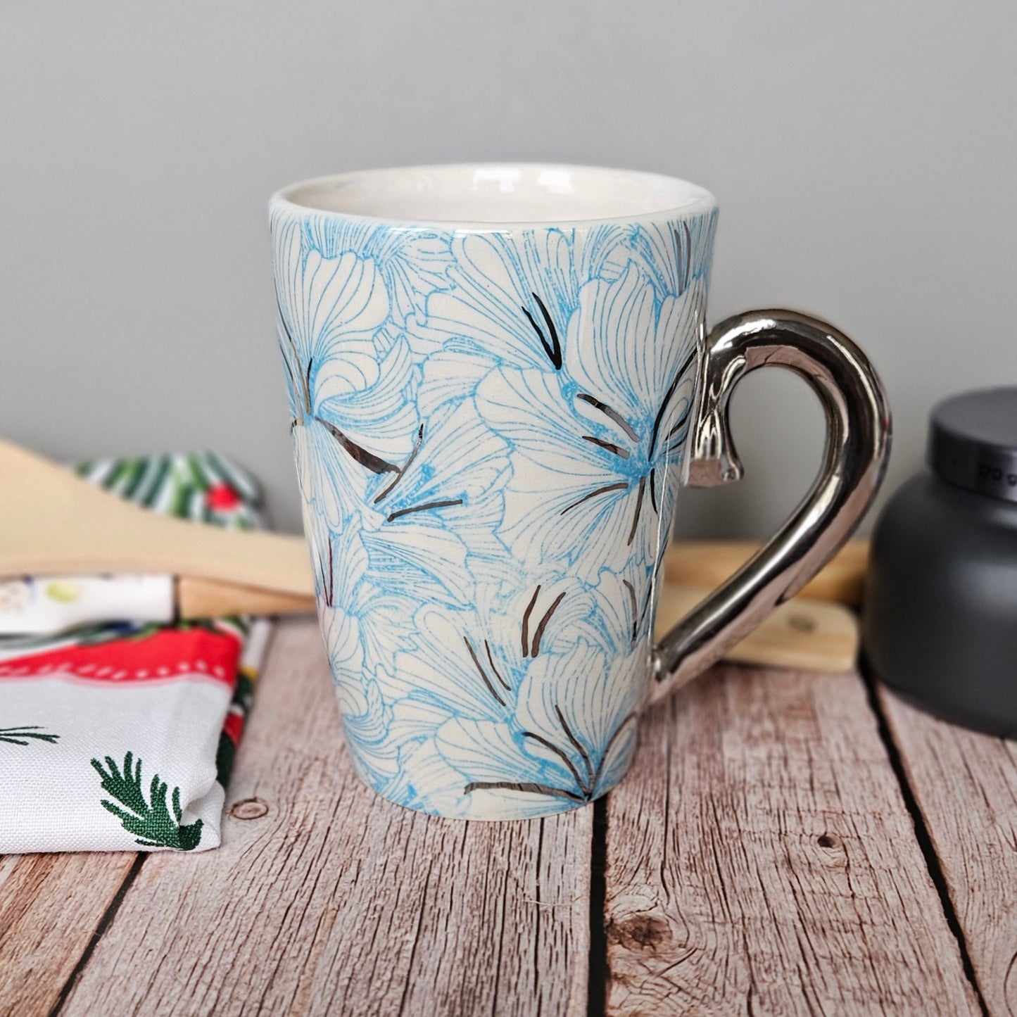 White and blue hibiscus mug