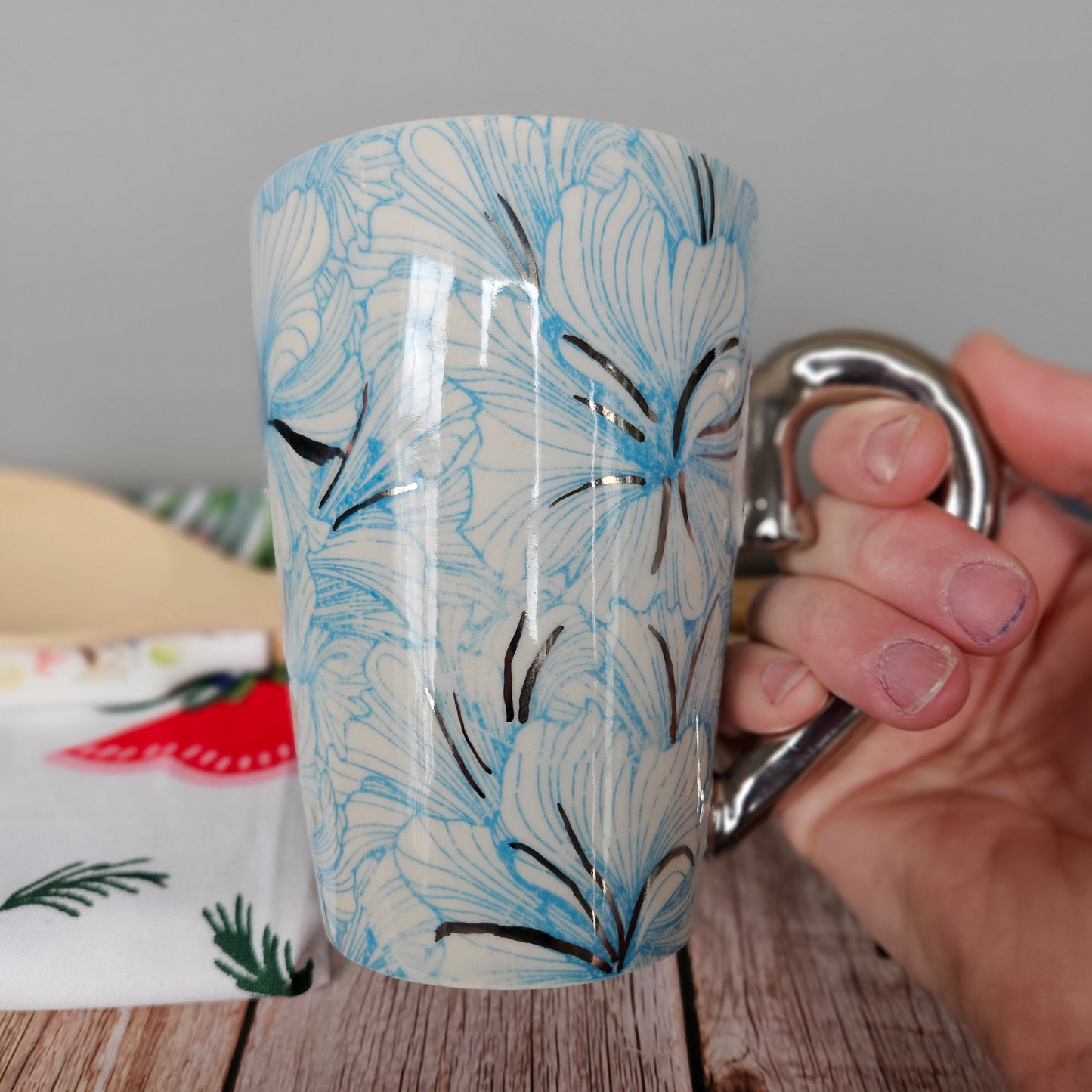 White and blue hibiscus mug